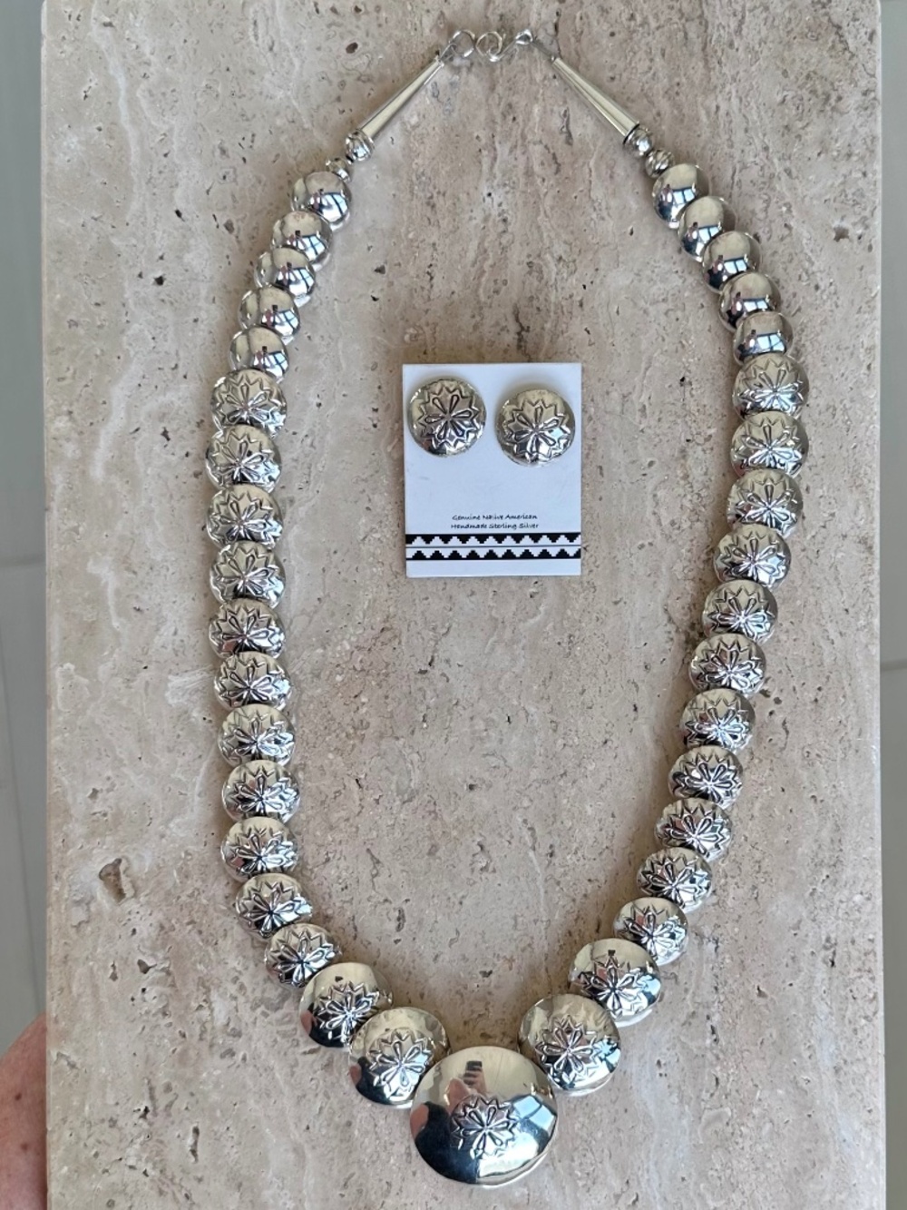 Navajo Carol Smith Stamped Sterling Graduated Pillow Bead Necklace Earrings Set